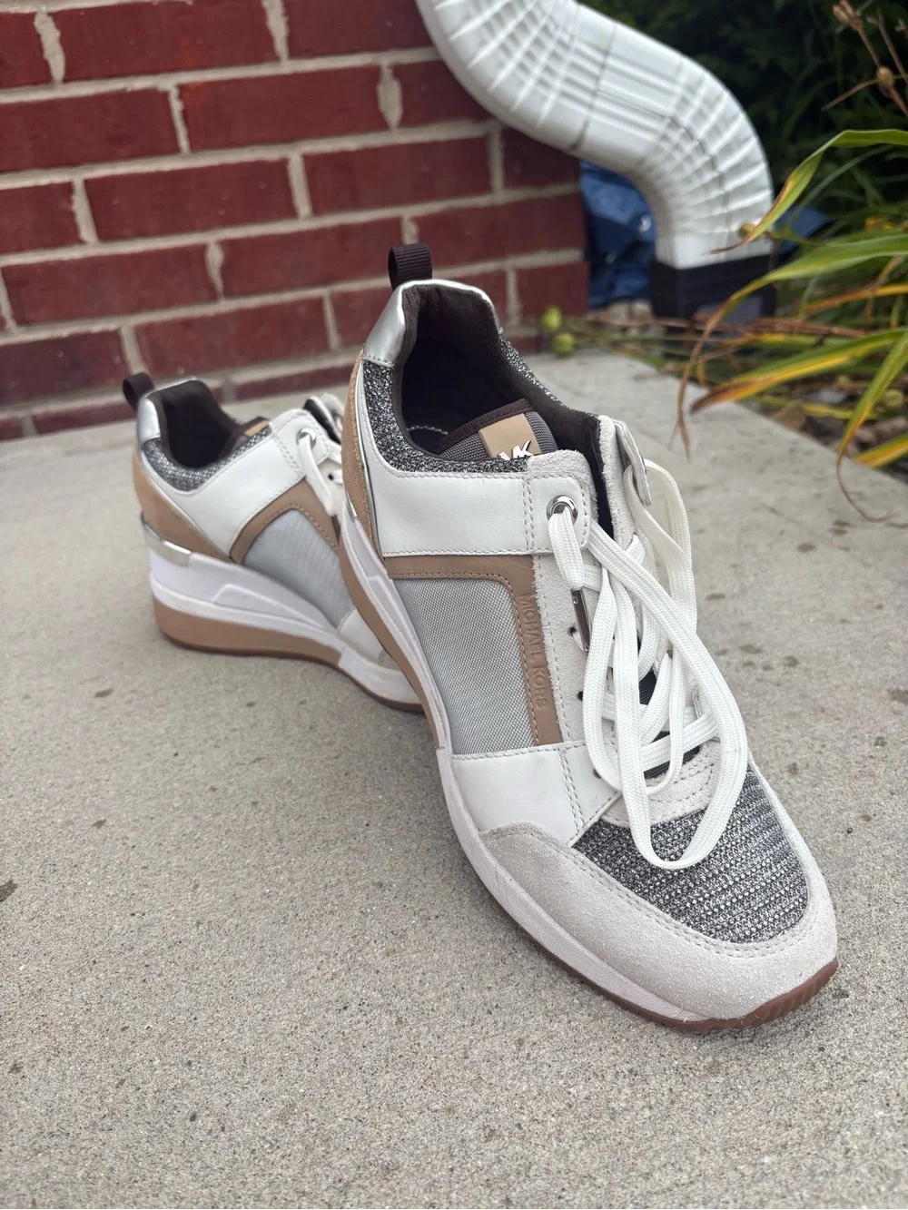 Michael Kors White and Tan Women's Wedge Sneakers - Picture 2 of 4